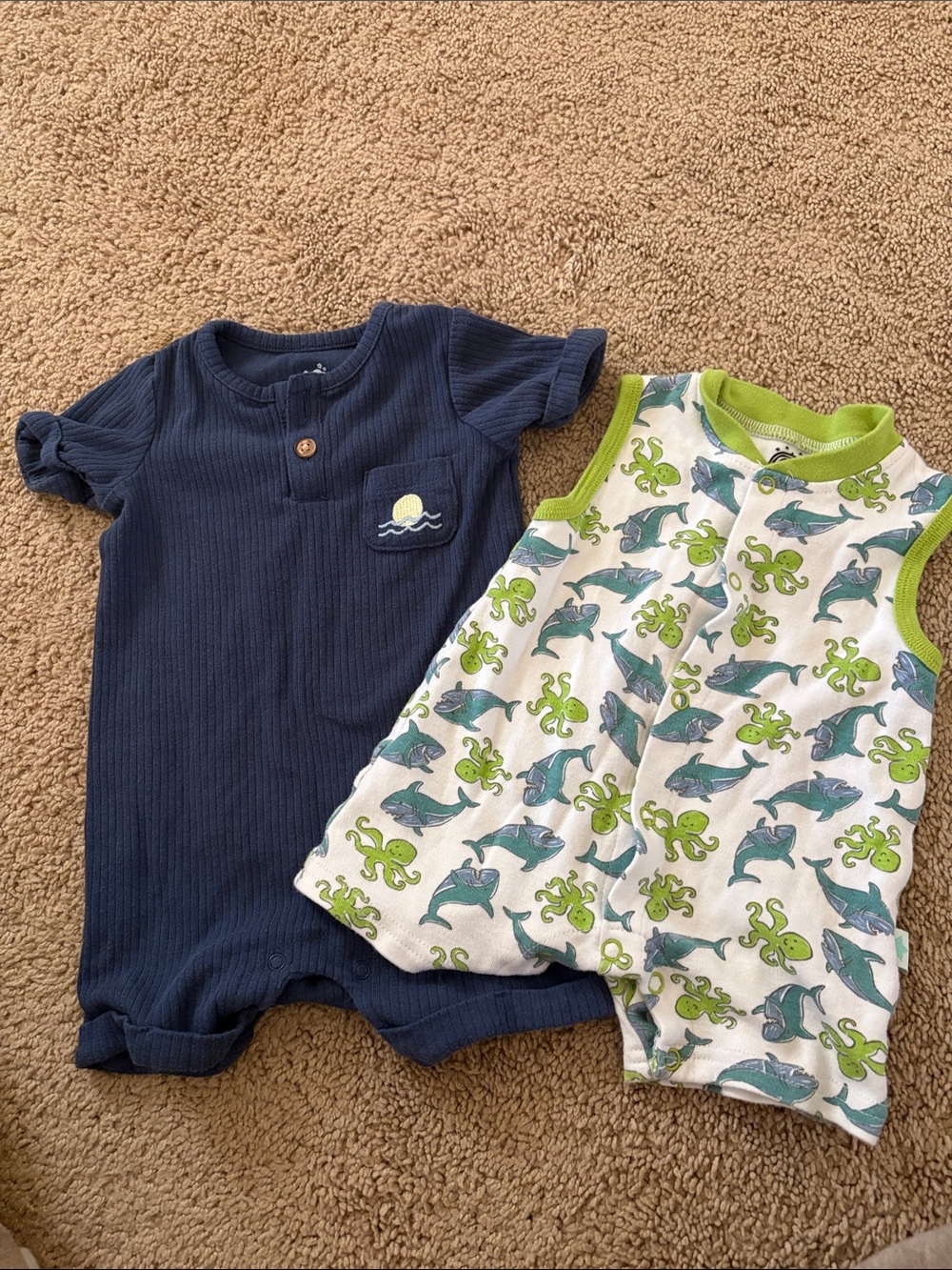 cloud island Navy Ribbed One-Piece with Green & White Ocean Print Romper